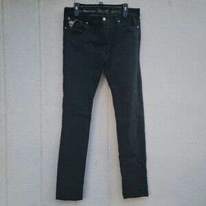 Robins jeans black embroidered wing with embellished flap pockets Mens sz 36